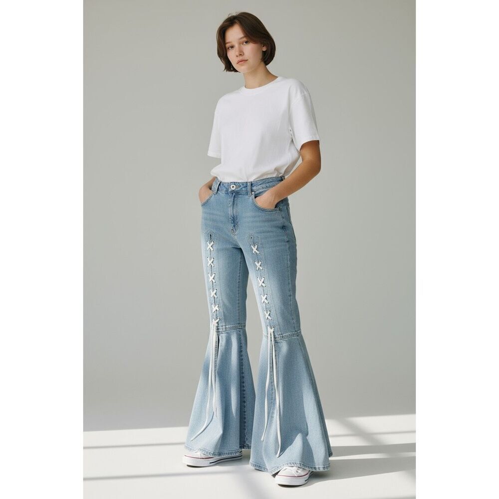 Ashley Stewart Women's Light Blue Lace Up Flare Wide Leg Denim Jeans Size 16